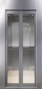 Δίφυλλη πόρτα επένδυση inox με τζάμι Δίφυλλη πόρτα επένδυση inox με τζάμι